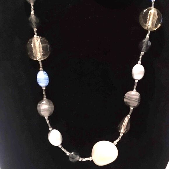 Premier Designs Long Glass & Seed Bead Necklace 40" Blue Gray Beige - Picture 3 of 7